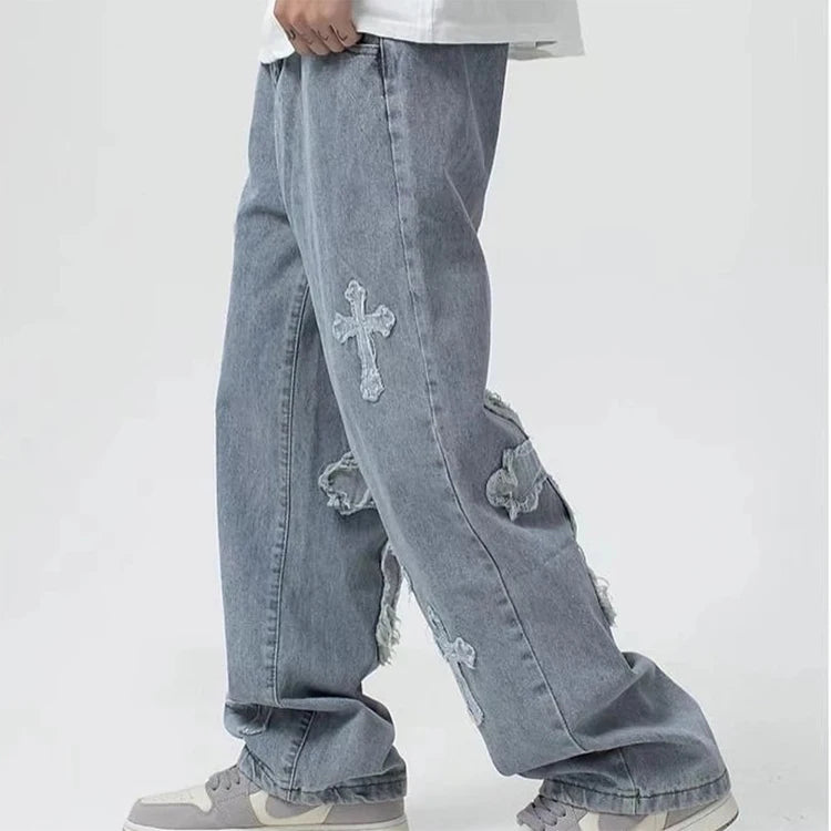 Hip Hop Boyfriend Jeans Embroidered Loose Wide Leg Denim Pants Men's High Street Jeans