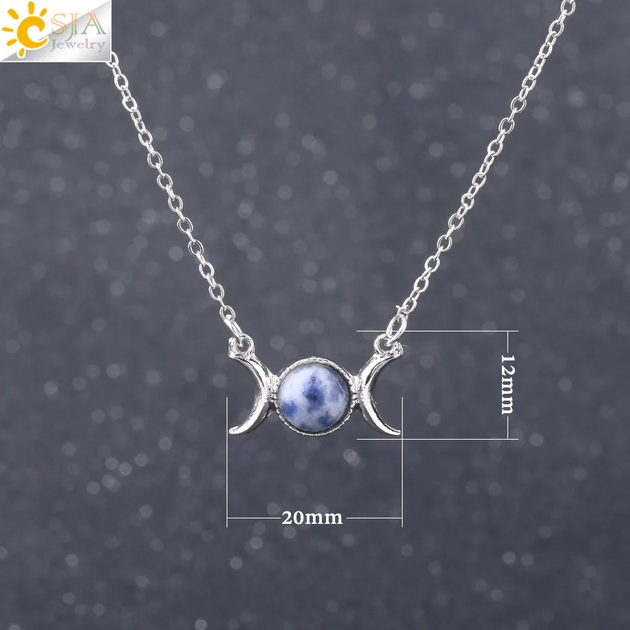 CSJA Vintage Crescent Clavicle Necklace Moon Sun Pendants Chain Stainless Steel Natural Stone Necklaces Women Girls F707