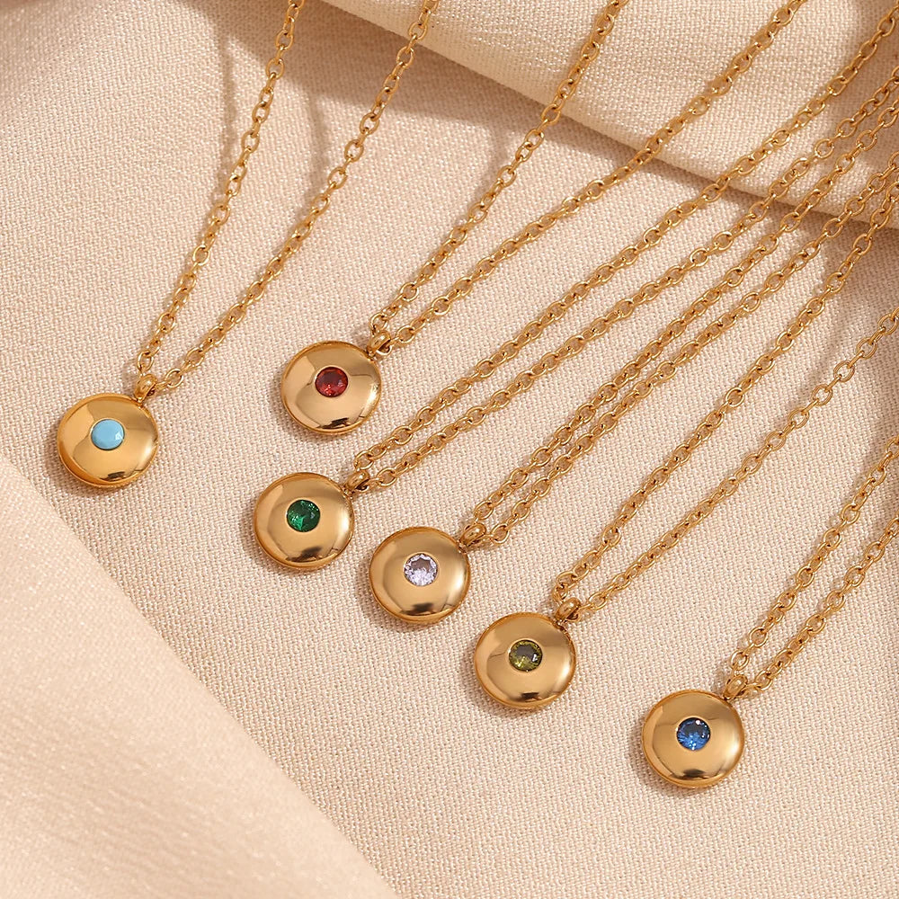 Minimalist Colorful Birth Stone Necklace Stainless Steel Plated 18K Gold December Birthstone Round Pendant Necklace