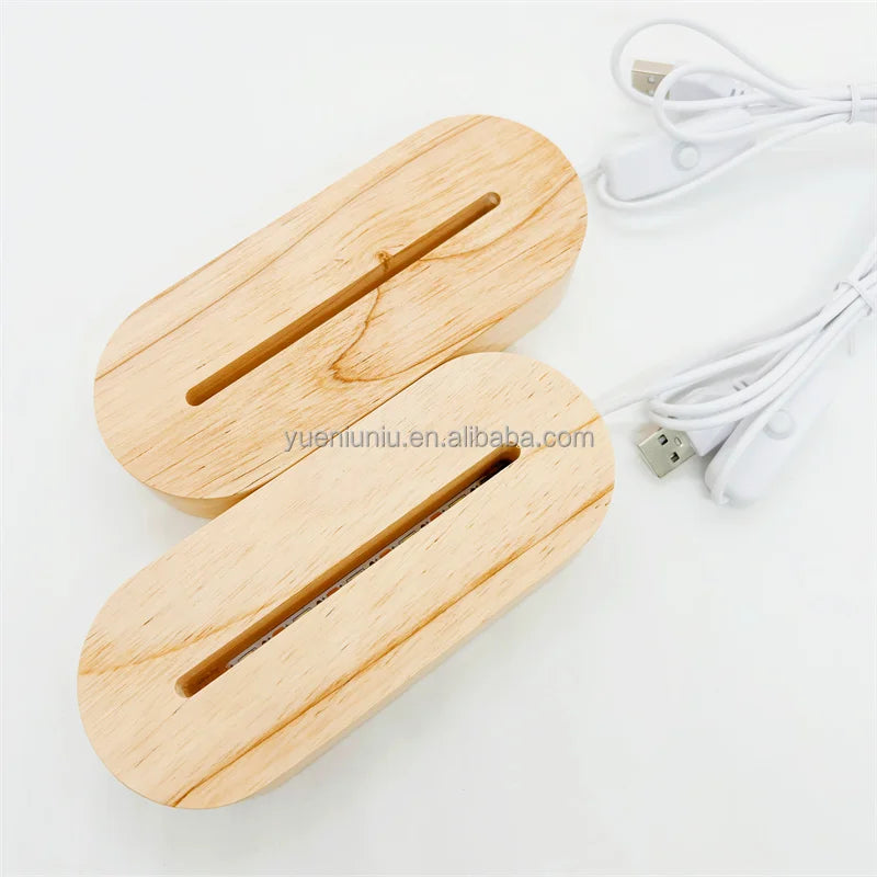 3D Acrylic Wood LED Display Night Light Base Lamp Wooden Holder Stand With USB Powered Switch