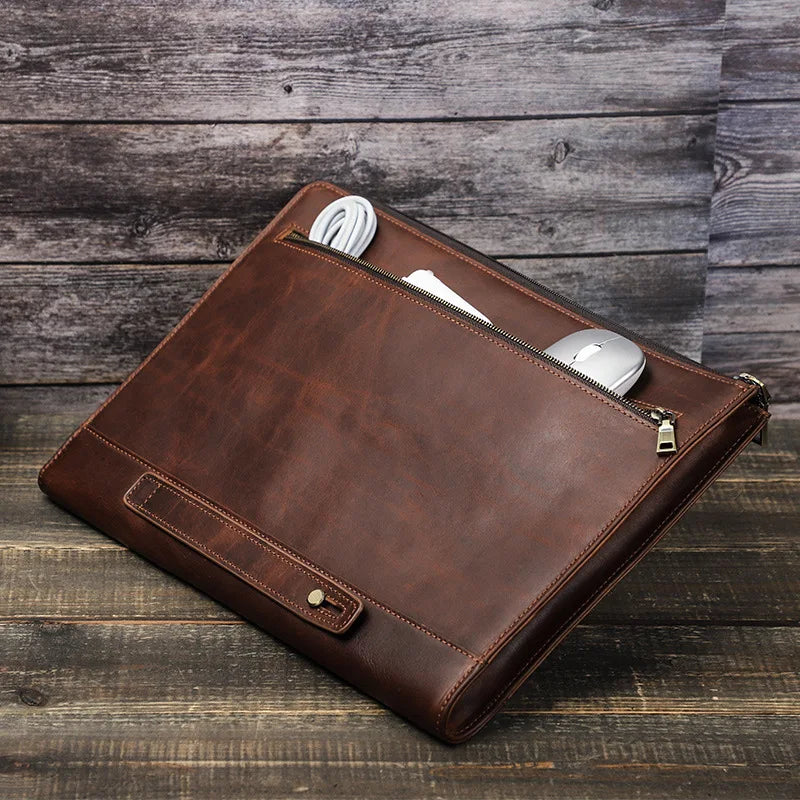 Crazy Horse Zipper with Hand Strap Tablet Real Leather Laptop Sleeve Case for Mackbook Pro 14.2'' 13.3''