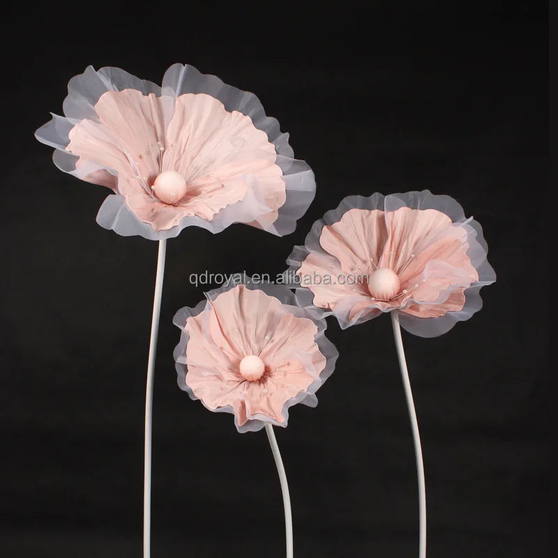 New Design Organza Artificial Giant Poppy Flowers With Stem Stand Big Huge Giant Large Silk Flower Decoration for Wedding Event