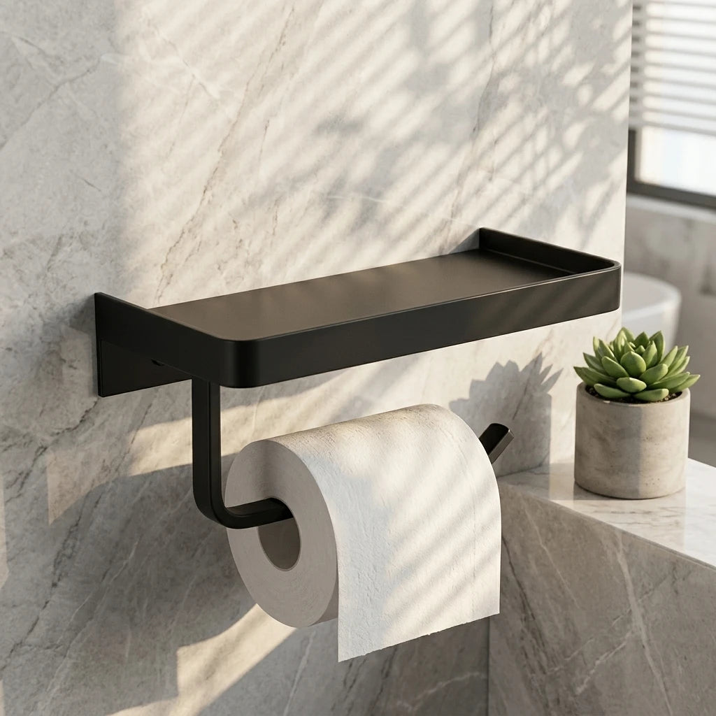 No Drilling Modern 304 Stainless Steel Black Eco-Friendly Wall Mounted Self Adhesive Toilet Paper Roll Holder Shelf Kitchen 2