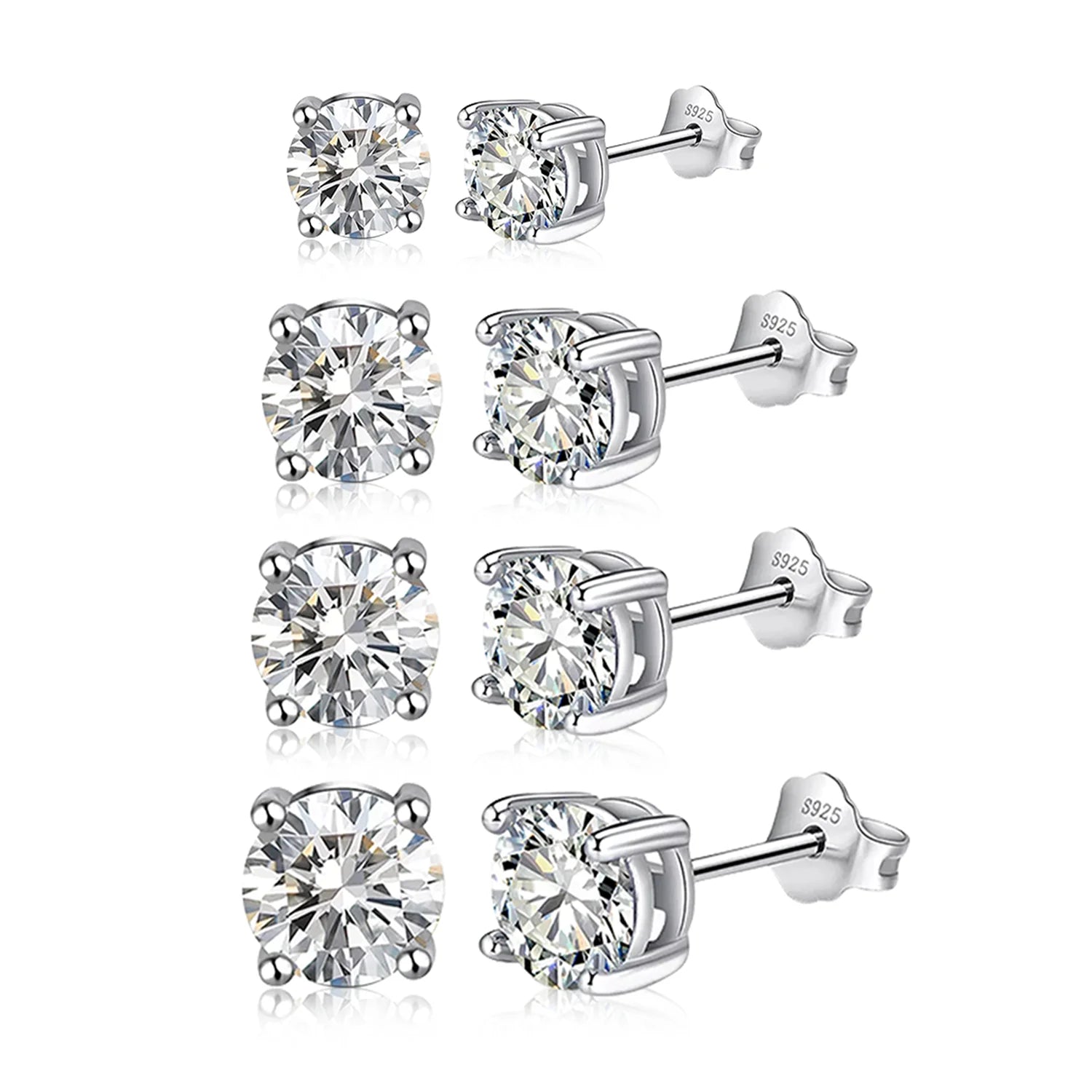 Classic 4 Prong 4mm 5mm 6.5m 7mm  Round Cut Super White D VVS1 Moissanite S925 Silver Stud Earrings