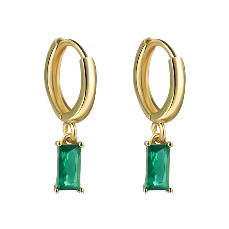 Hot Selling Rectangle Cubic Zirconia Drop Huggie Earrings Silver Gold Plated Green Zircon Baguette Earrings Hoop