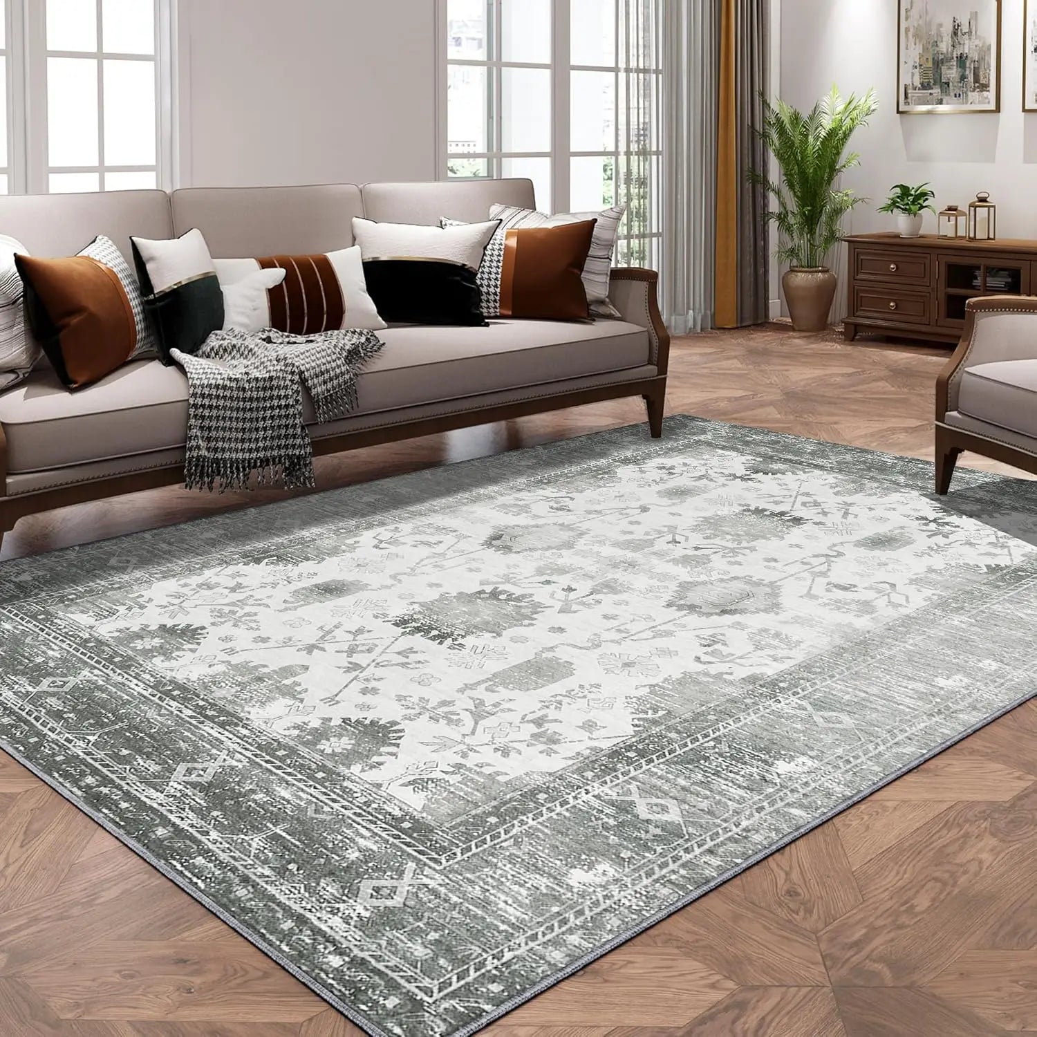 High Quality Low Pile Vintage Indoor Floral Printed Boho Rug 5x7 Grey Non-Slip Large Area Carpet Living Room Machine Washable