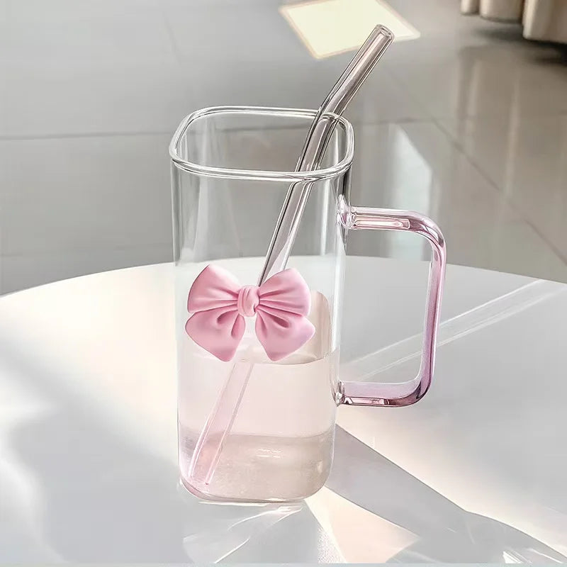 M Spot Transparent Simple square Water Cup Bow With Handle Glass Straw Cup High Temperature Coffee Milk Cups