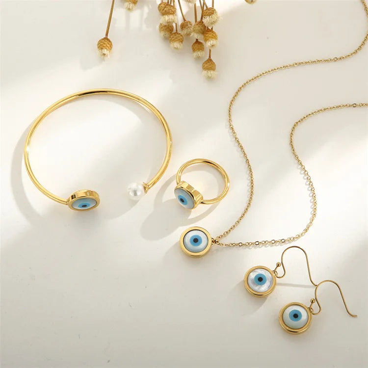Wholesale Stainless Steel Dainty Shell Jewelry Gold Plated Evil Eye Jewelry Set
