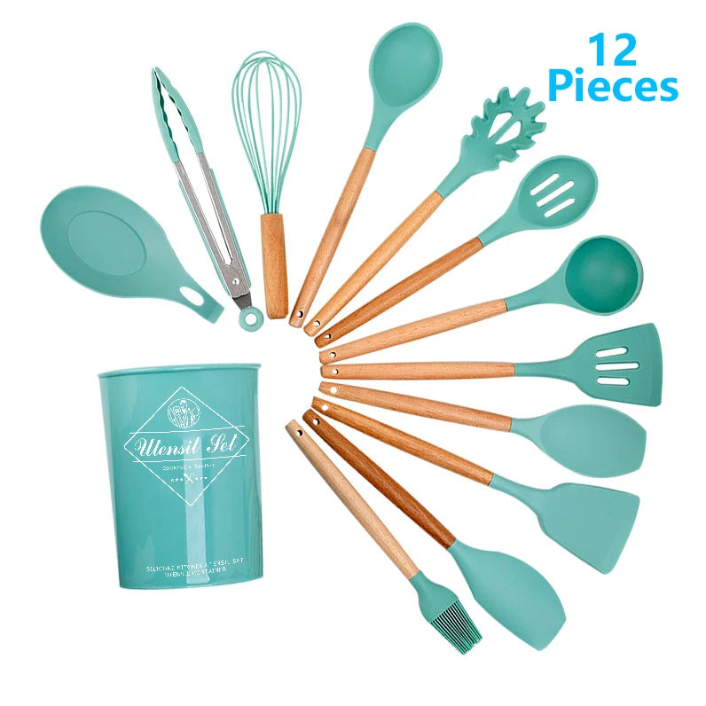 Kitchen Cooking Silicone Utensils Set with Wooden Handle for Home Kitchen Use Durable and Easy to Clean