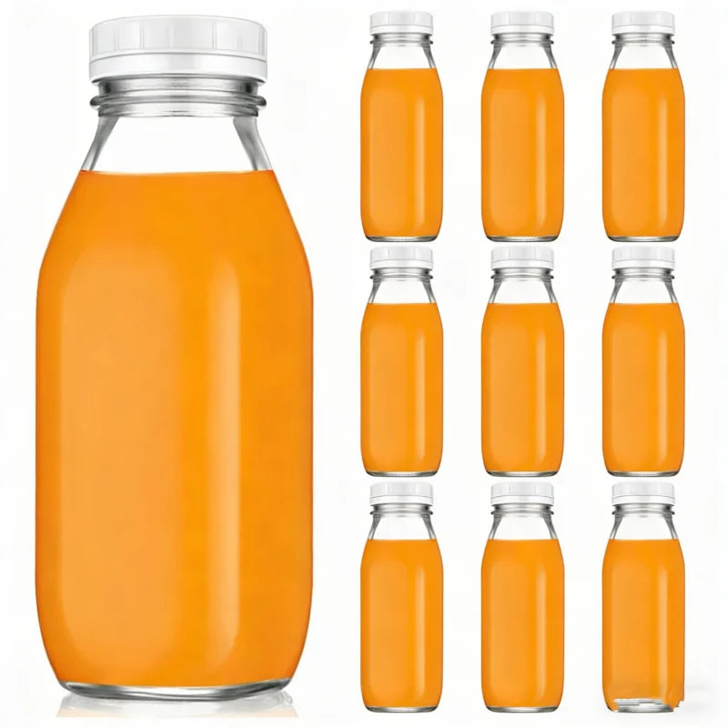 Square Glass Milk Juice Coffee Kombucha Bottles with Lids Airtight Tamper Free Screw Plastic Lid 300ml 500ml 1000ml Wholesale