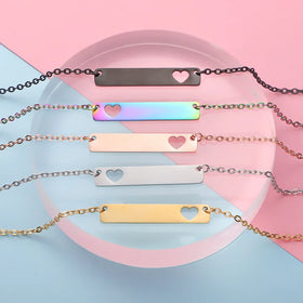 Hot Sale Stainless Steel Necklace Rectangular Hollow Heart Long Pendant Bar Necklace 18Inch for Women