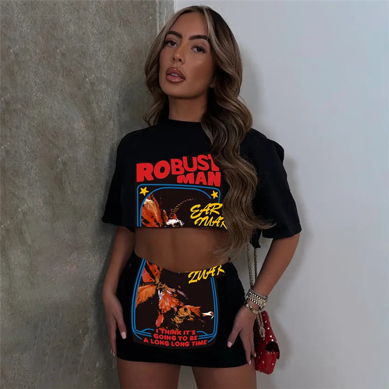 Fashion Two Piece Short Skirts Set Womens Graphic Printed Crop Tops and Mini Skirt 2 Piece Set Summer Streetwear Women Clothing