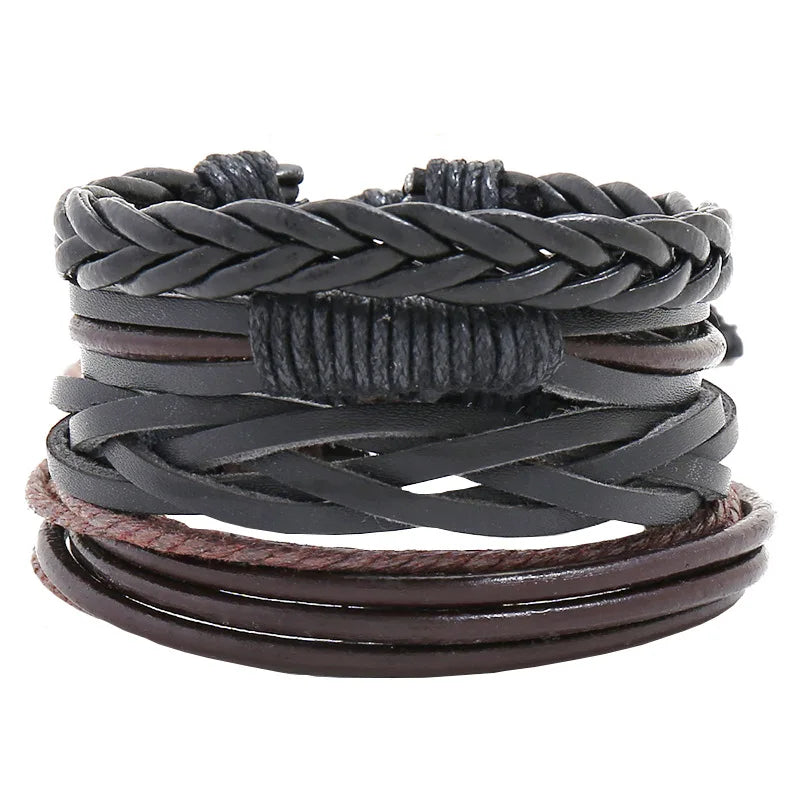European and American Popular 4-Piece Combination Leather Bracelet Woven Leather Fashion Bangle