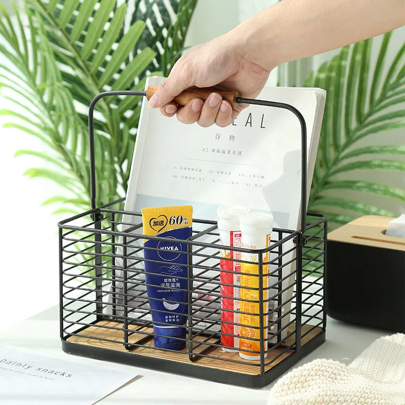 Kitchen Utensil Caddy Storage Basket Organizer Metal Flatware Caddy Utensil Holder with Wood Handle