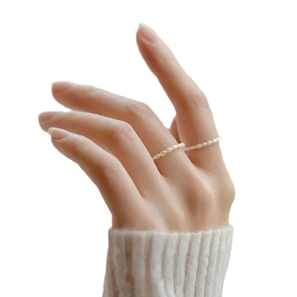 Tiny Mini Natural Freshwater Pearl Ring Beads 2024 Summer New Fashion Gentle Folded Vegan Elastic Girl MegaBDM