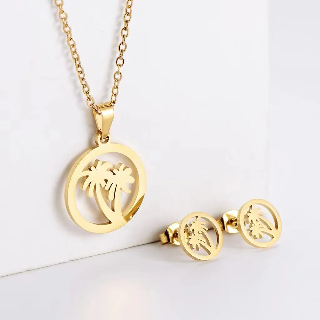 BINSHUO Wholesale Custom Stainless Steel Jewelry Set Hollow Out Coconut Tree Charm Earrings Stud Pendant Necklace Set for Women