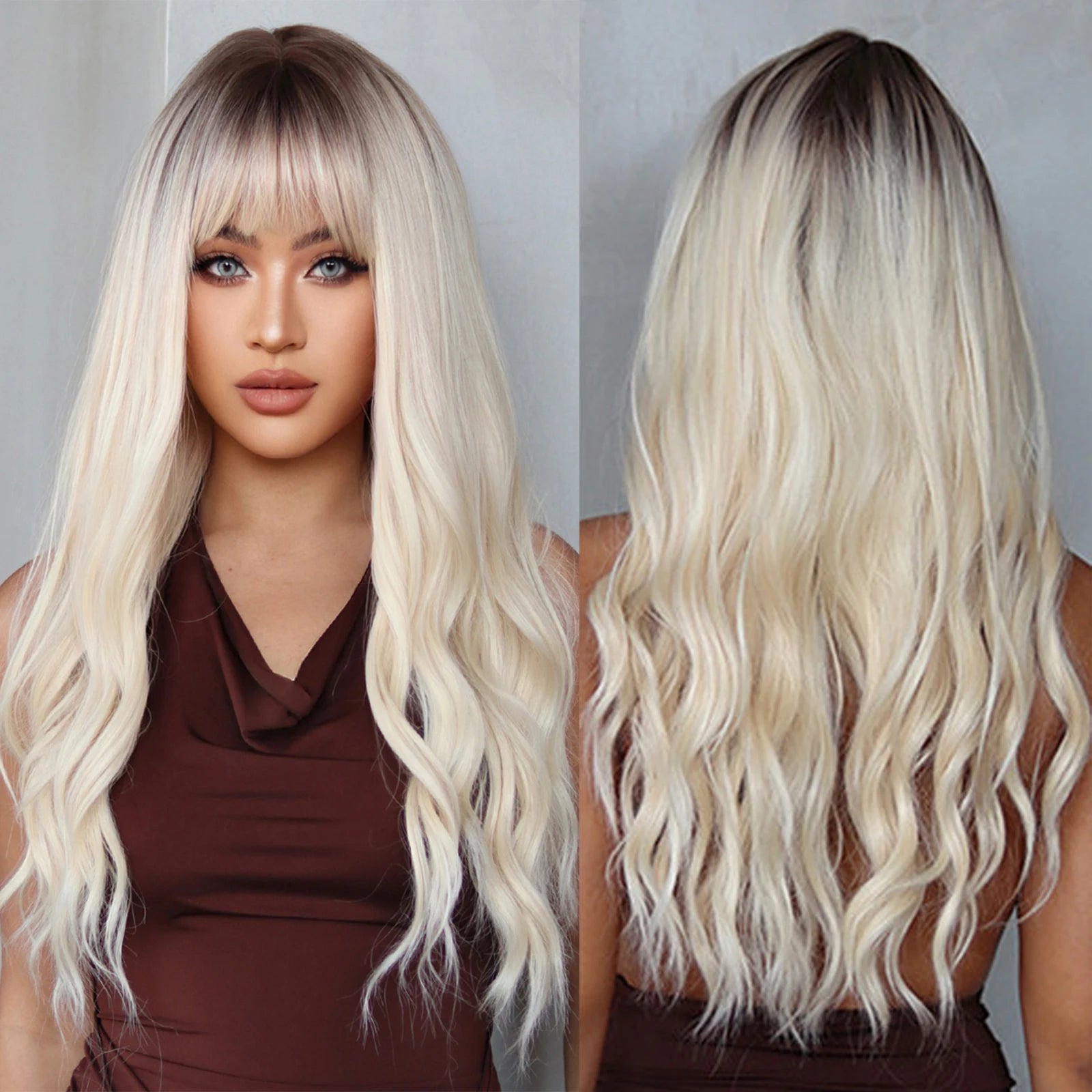Factory Wholesale Price Platinum Blonde Curly Synthetic Wigs with Bangs Ombre Blonde Hair Natural Looking Wig High Temperature