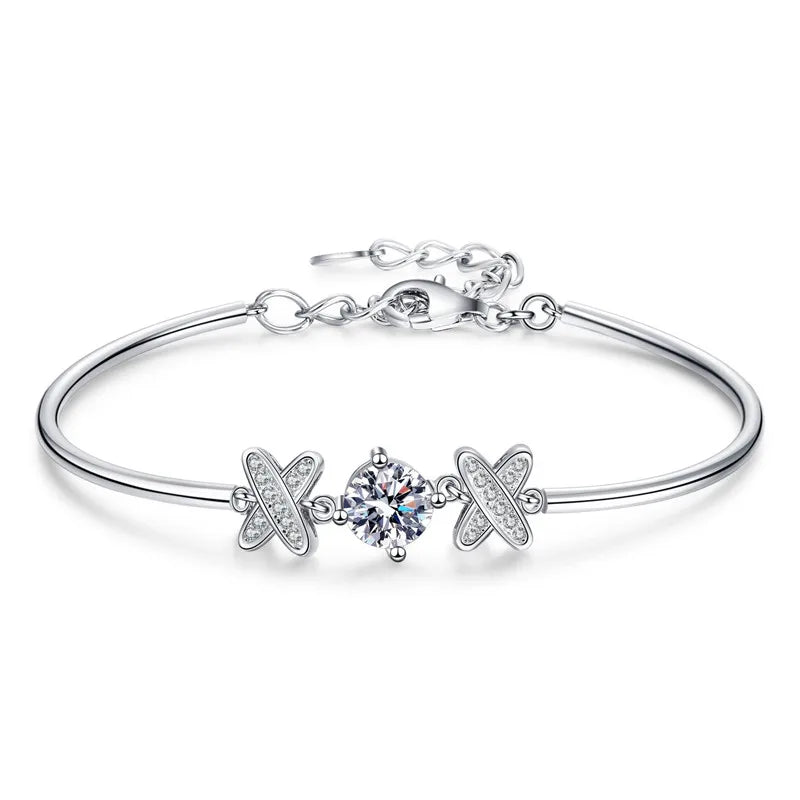D Color Round Cut 1Carat Moissanite Bracelet X Shape Luxury Vintage S925 Sterling Silver Bracelet for Women