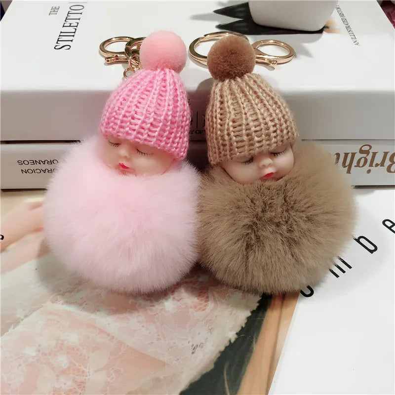 Sleeping Baby Doll Pompoms Keychain Soft Fur Ball Pom Pom Key Chains Woman Bag Jewelry Accessories Plush Keychain Kawaii