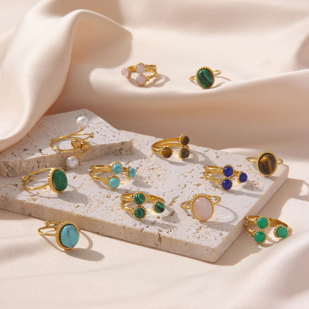 No Fade Gols Plated Stainless Steel Ring Multi Color Natural Stone Turquoise Ring for Women Girls