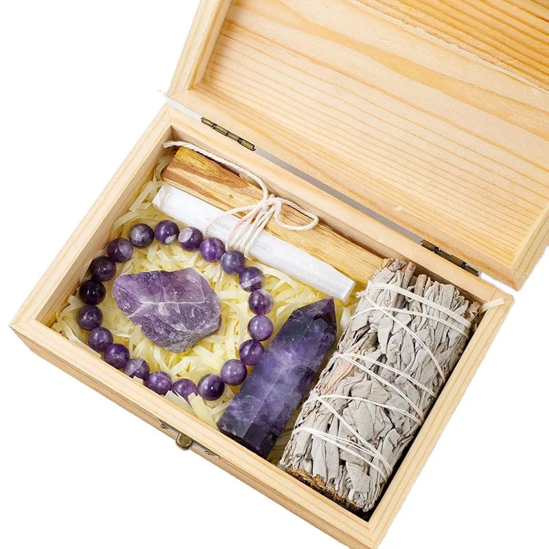 New Arrivals Natural White Sage Rose Quartz Crystal Point Amethyst Wooden Box Set