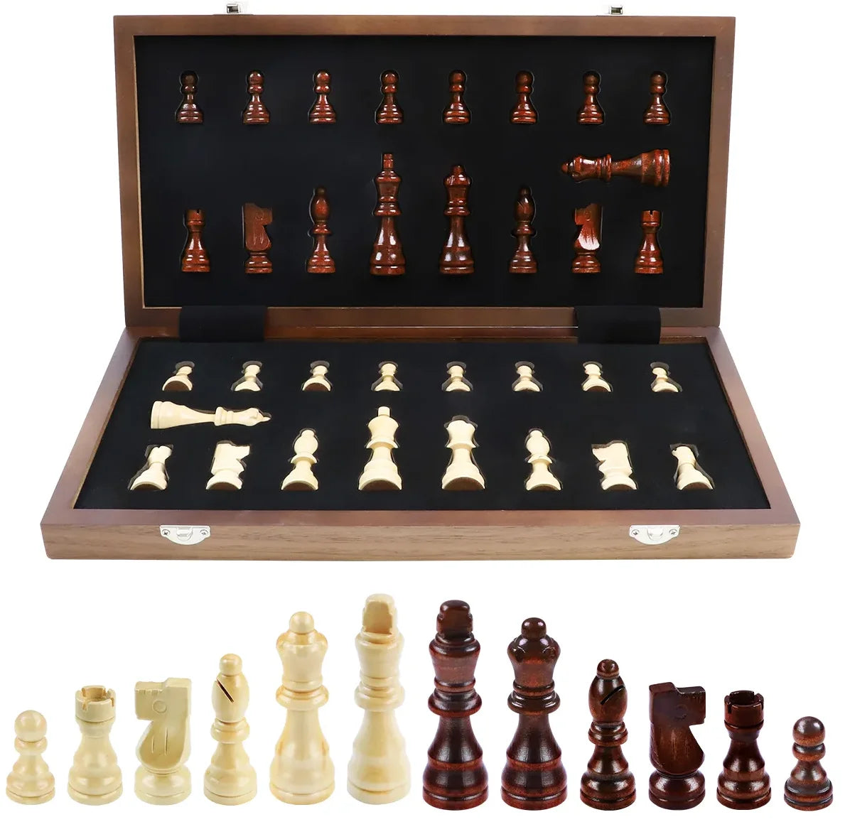 Factory 38cm 15 Inch Walnut Maple Wooden Customizable Travel Tournament Chess Set Magnetic Folding Board Pieces RUNAN Model 0309