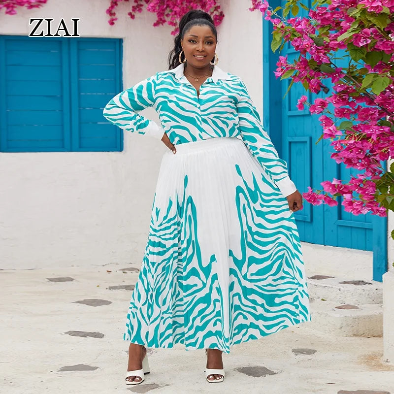 Zebra Print Long-sleeved Shirt Casual Pleated Skirt Spring and Summer Two-piece Set
