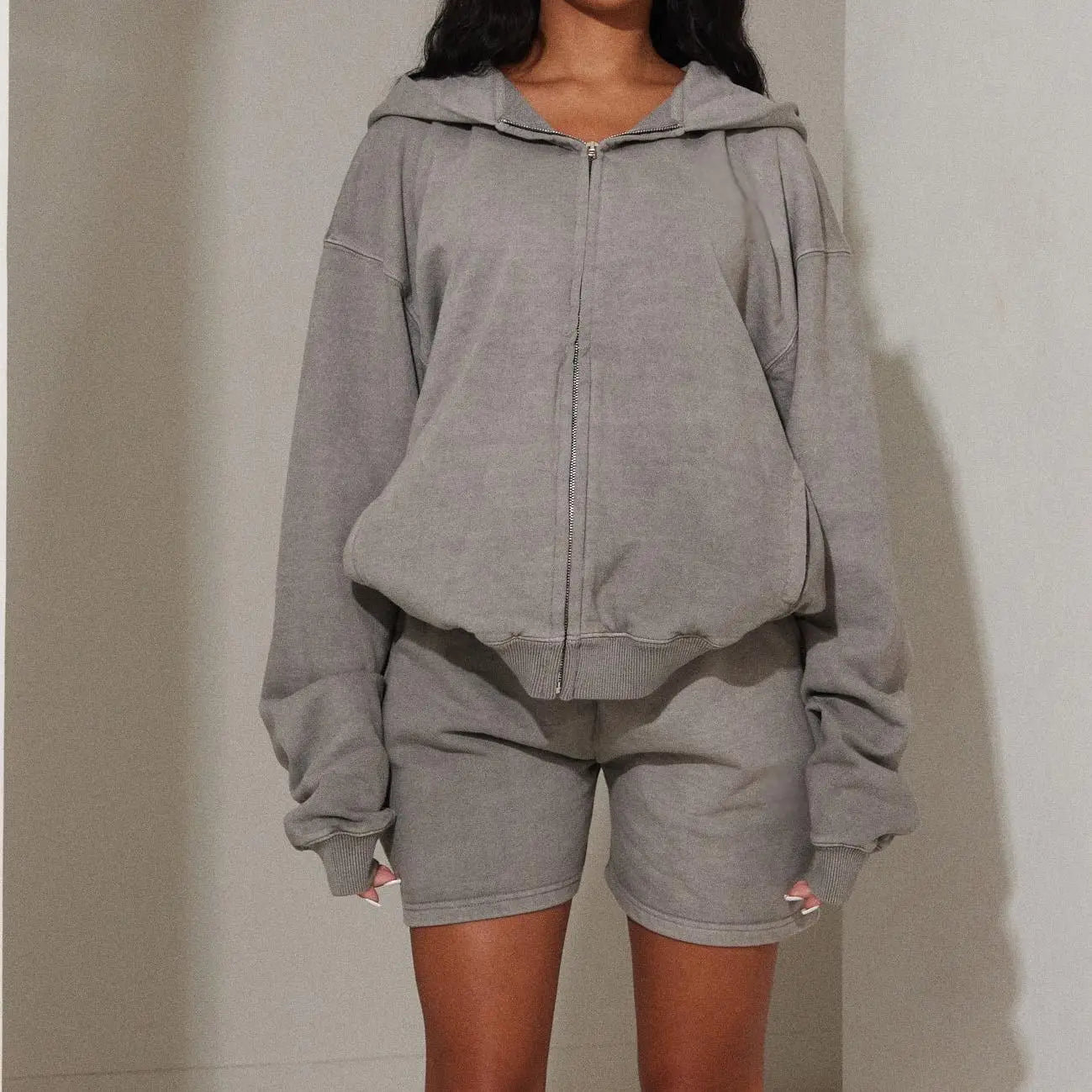 Women's Acid Wash Terry Sweat Set Y2K Style Hooded Top Sports Wear Embroidered Letter Pleated Logo for Summer Autumn Seasons