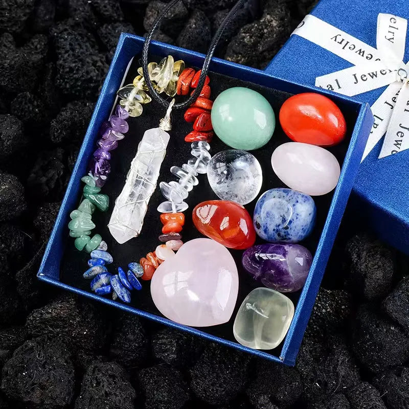 Wholesale 7 Chakra Crystal Stone Box Set Natural Quartz Gemstone Healing Crystal Tumble Stones Box