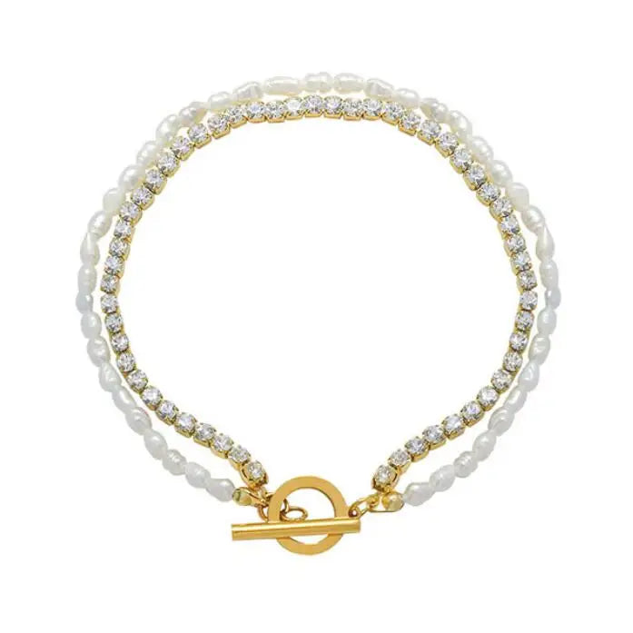 INS Simple Stainless Steel 18K Gold Plated OT Buckle Double Layers Zircon Bracelet Irregular Shaped Freshwater Pearl Bracelet