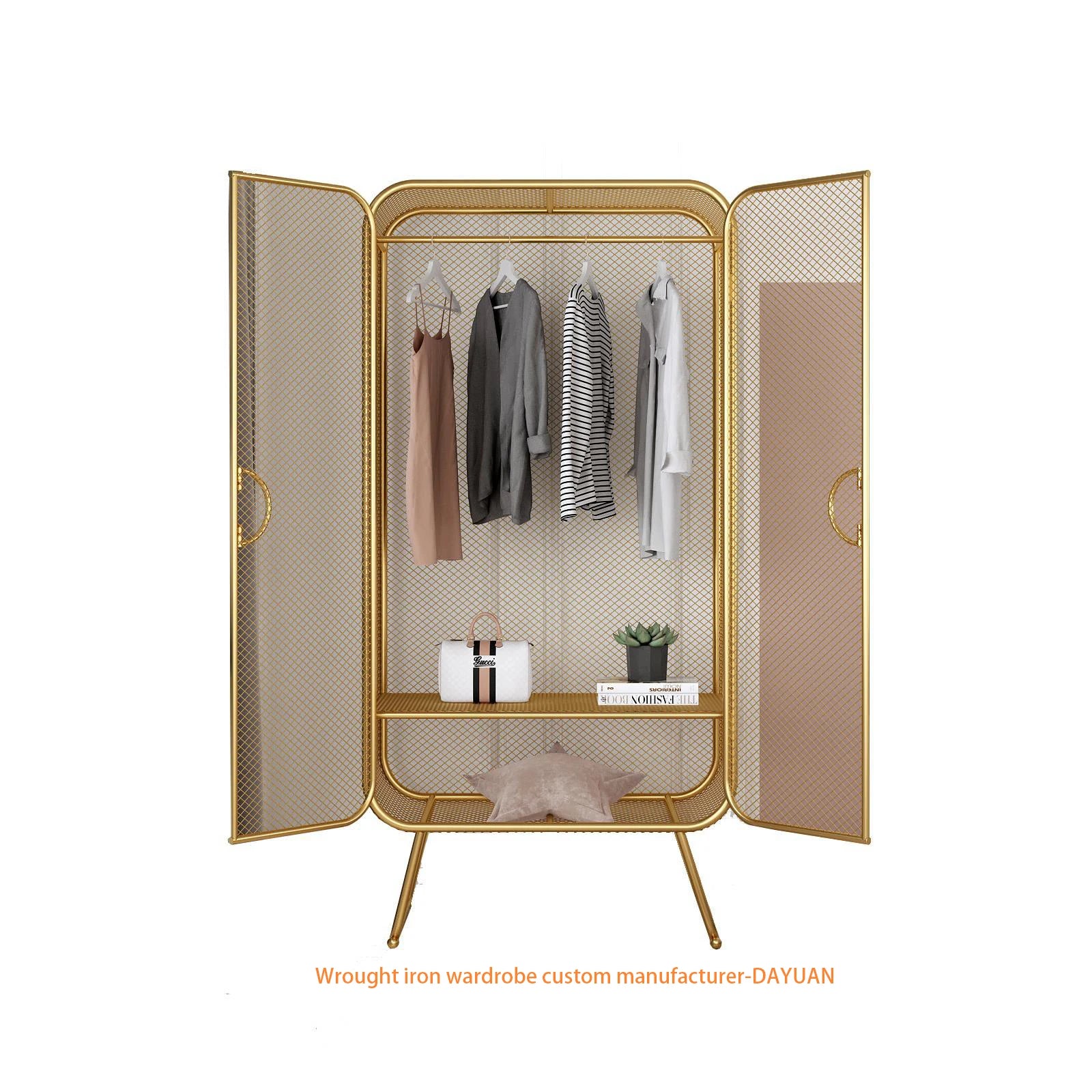 Mobile Stainless Steel Wardrobe Iron Art Clothing & Underwear Display Cabinet with Gold Storage Custom Color & Sizes