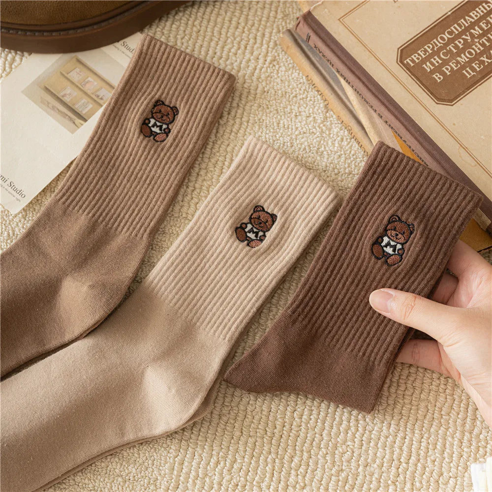 Socks High Quality Embroidery Bear Socks Cute Brown Medias Women Crew Socks