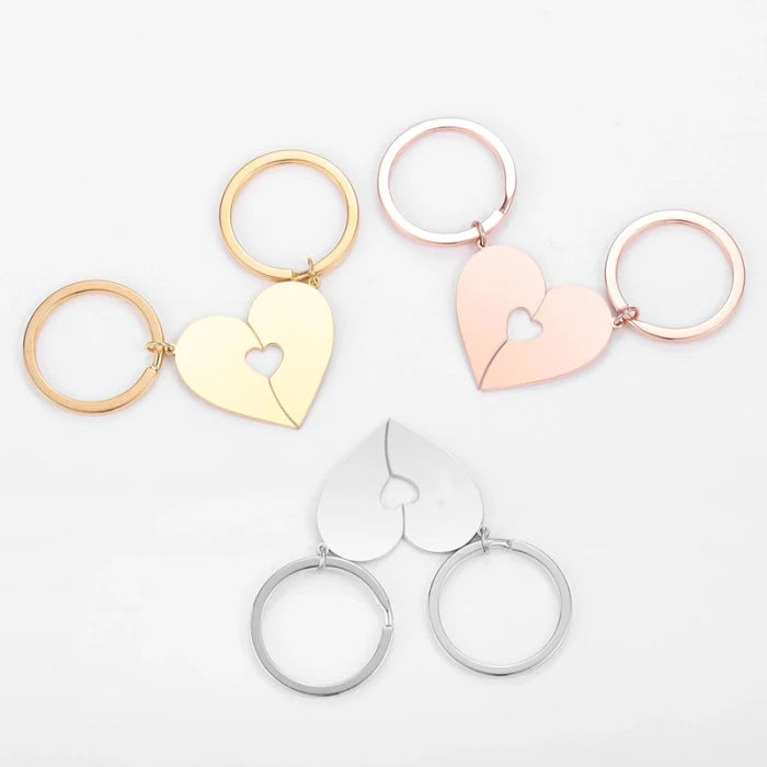 New Arrival Style Vintage 1pair Style Hollow Heart Inside Customized Engraved Stainless Steel Blank Couple Puzzle Heart Keychain