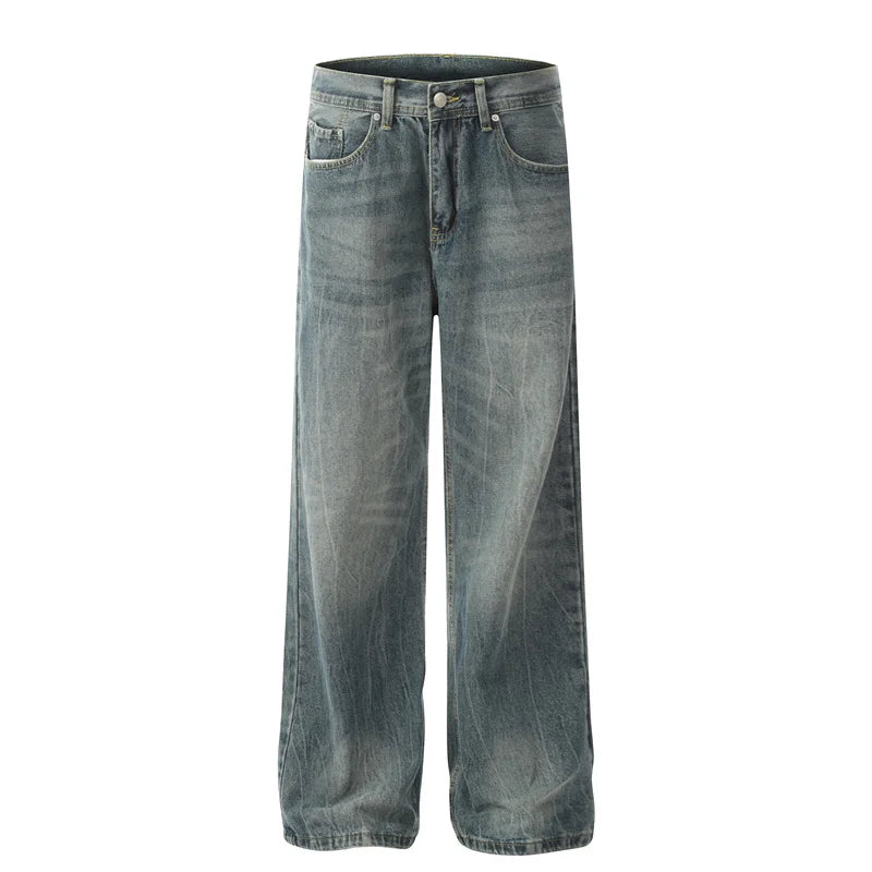High Street Men Stone Wash Blue Straight Leg Jeans Fashion Brand Custom Streetwear Straight Leg Designer Men Flare Jeans