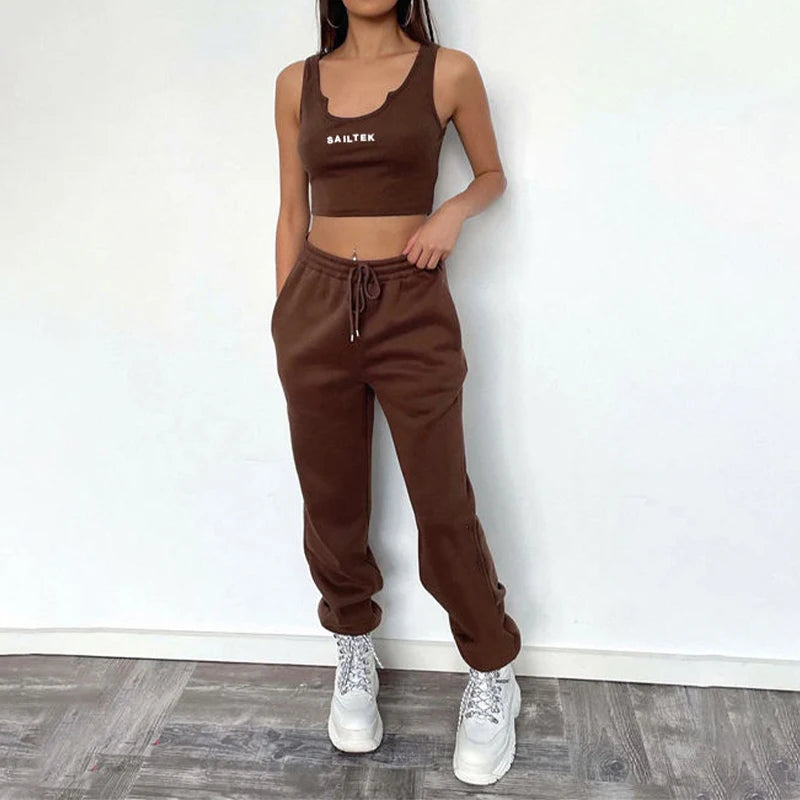 Wholesale High Quality Custom logo Joggers 2 Piece Crop Top and Sweatpants Set Femme Two Pieces Pants Sets for Women