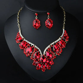 Shiny Red Crystal Gem Necklace and Earrings Set Exaggerated Bridal Wedding Jewelry Set