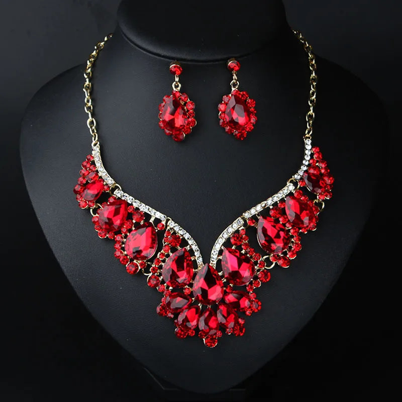 Shiny Red Crystal Gem Necklace and Earrings Set Exaggerated Bridal Wedding Jewelry Set
