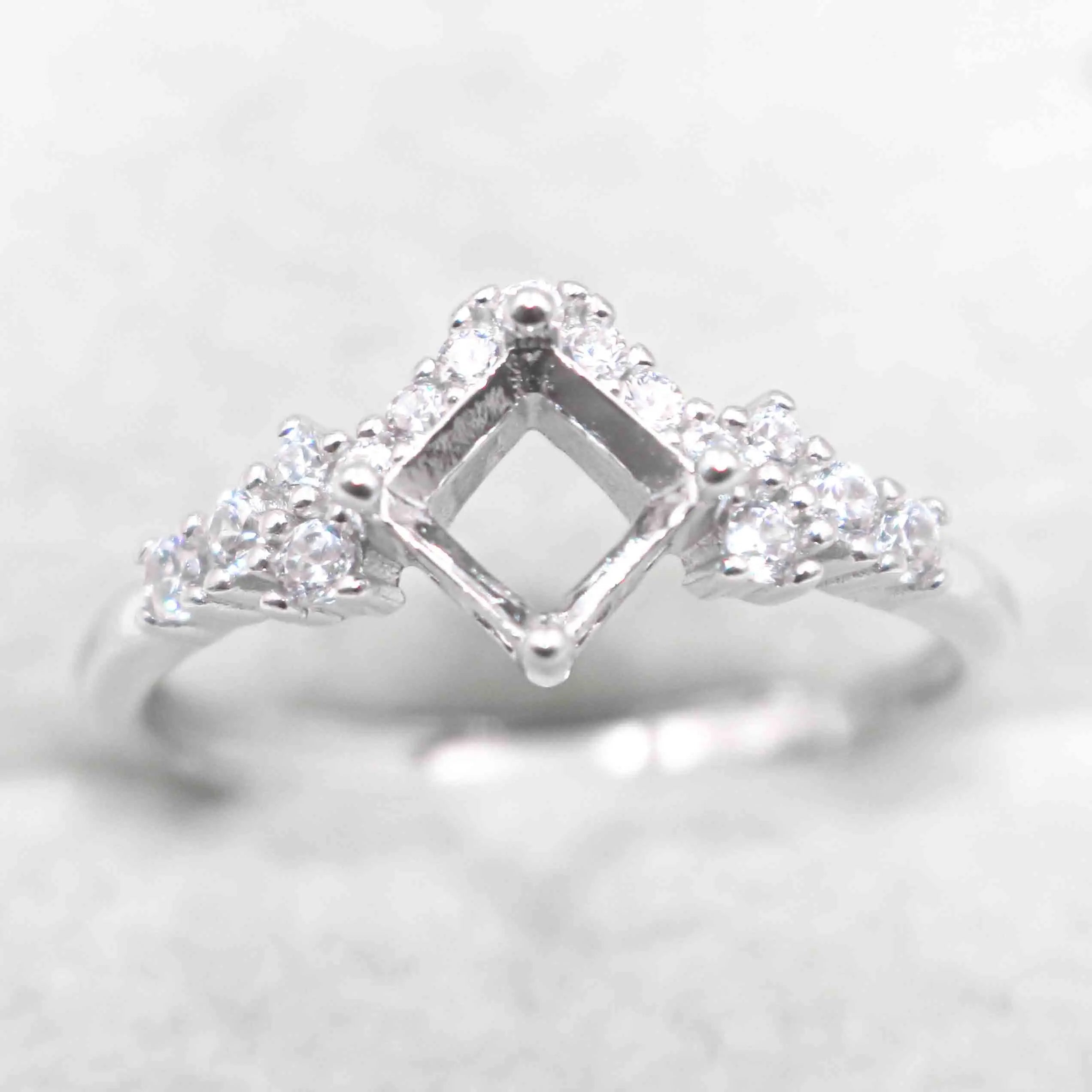 Sterling Silver 5*5/6*6mm Semi Mount Ring Square Shape Empty Frame Blank Claws Setting Base Without Center Stone for Inlay DIY