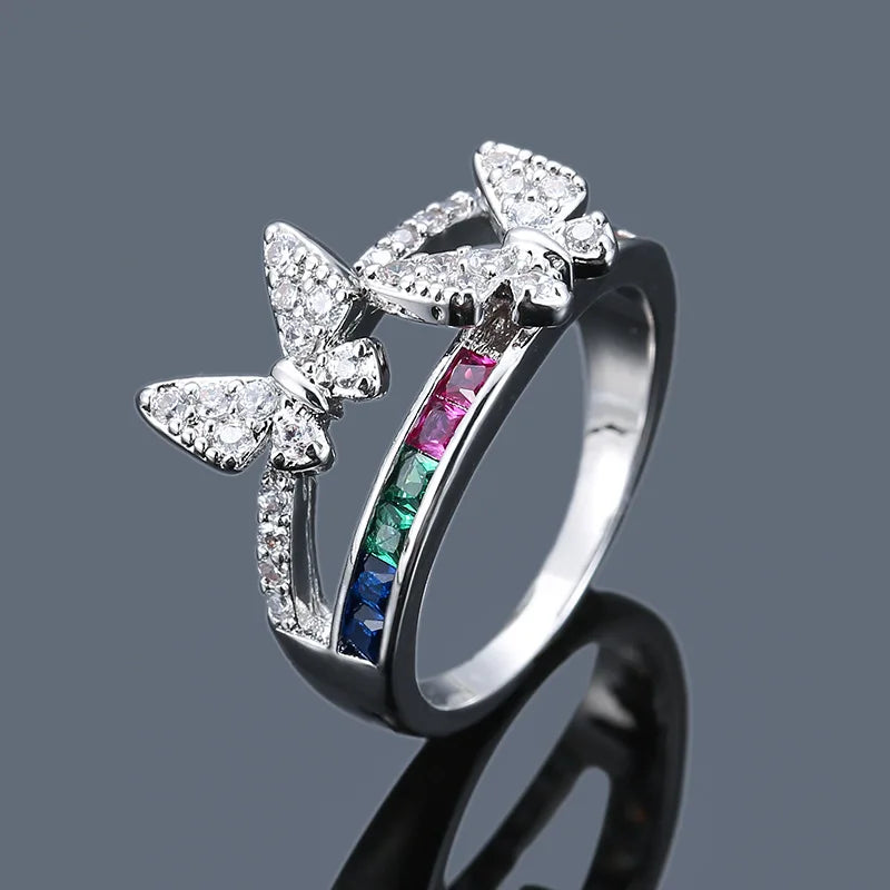 18k Gold Plated Full Diamond Colorful Rainbow Zircon Rings CZ Butterfly Finger Rings for Women Luxury Finger Ring