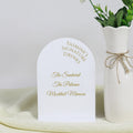 All-White Gold Printing 3mm Thick Arch-Shaped White Acrylic Detail Drink Table Card Wedding Menus Signage Anime Made Paper