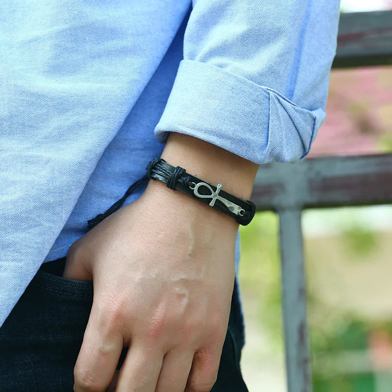 Fashion Personalized Goth Silver lion Bead Cross Guitar Adjustable Leather Bracelet Men