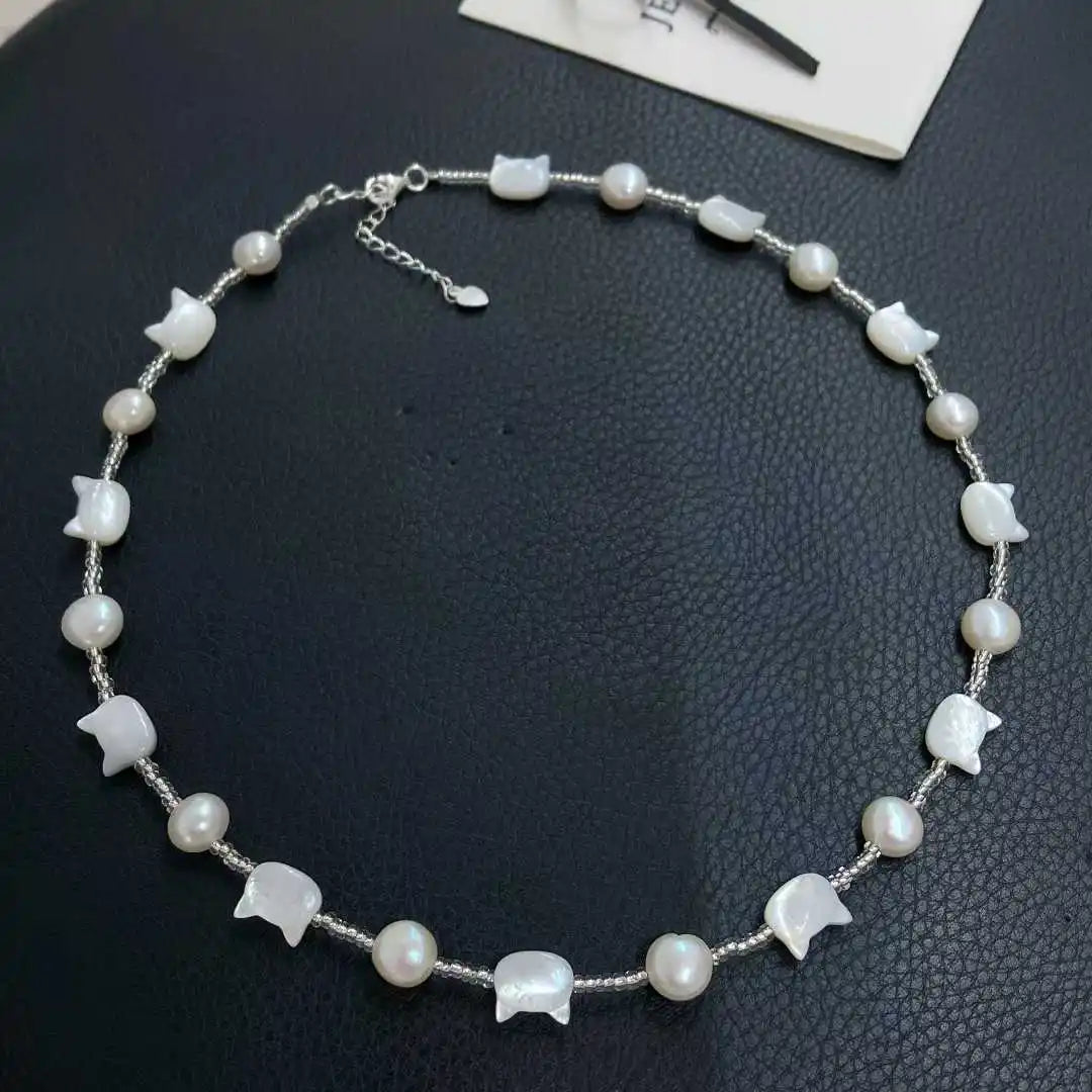 Natural White Mother Shell Cat Starry Sky Necklace S925 Pure Silver Lobster Buckle with 7-8mm Baroque Pearl Necklace Cute