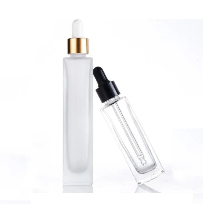 Free Sample 30ml 50ml 100ml Good Selling Fancy Rectangular Essential Oil Glass Dropper Bottles with Glass Pipette