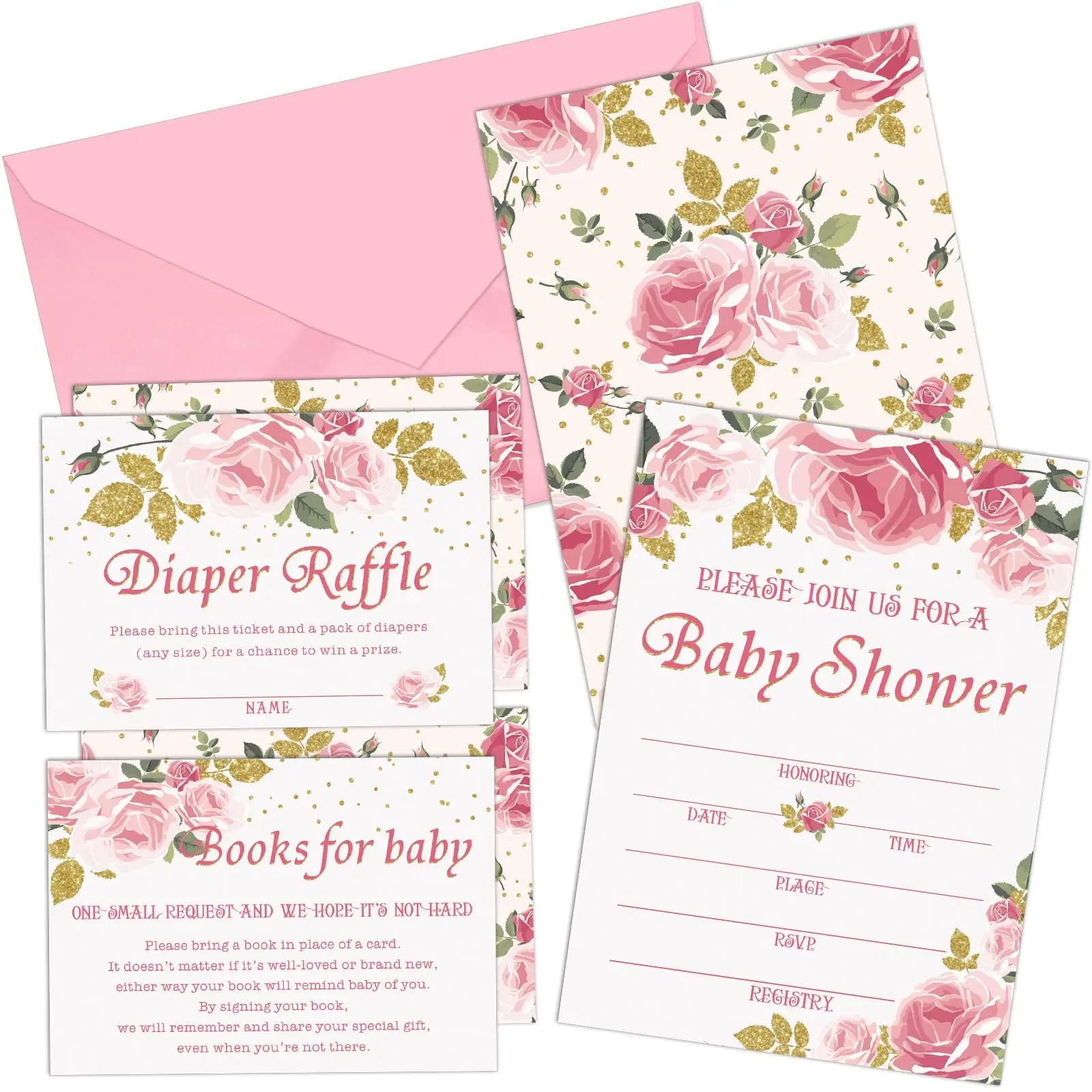 Floral Baby Shower Invitations Diaper Raffle Tickets and Baby Shower Book Request Cards with Envelope