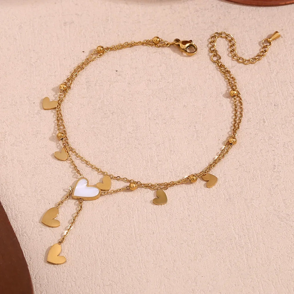 Saint Valentin 2024 Heart Charm Anklets for Women Double Layer Shell Jewelry Gold Plated Stainless Steel Jewelry