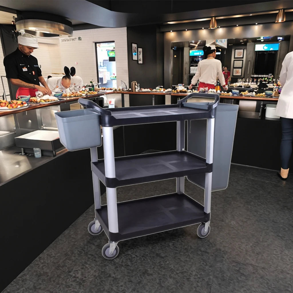 3-Tier Plastic Food Serving Trolley with 4 Wheels Hotel & Restaurant Cleaning Cart for Service & Storage