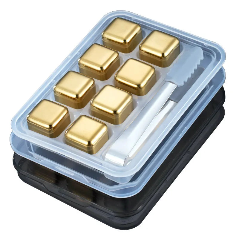 Customized Barware 8 Pack Box Superior Gold Cooling Ice Cube 304 Stainless Steel Whiskey Stones Gift Set With Ice Tongs