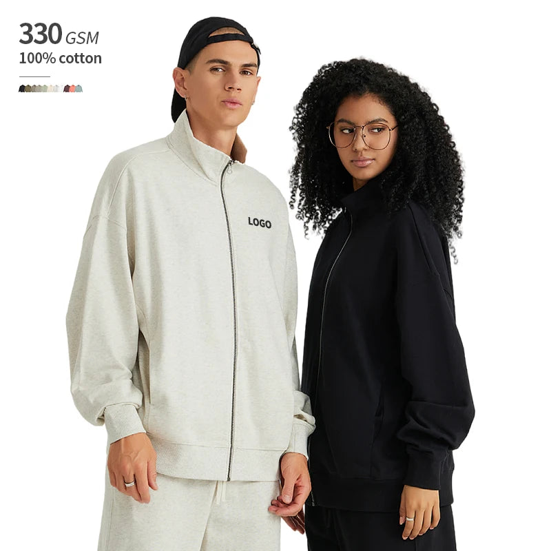 Stand Collar 330 GSM 100% Cotton Oversize Custom Logo Dropped Shoulders Terry Lining Zip up Mens Stand Collar Sweatshirt