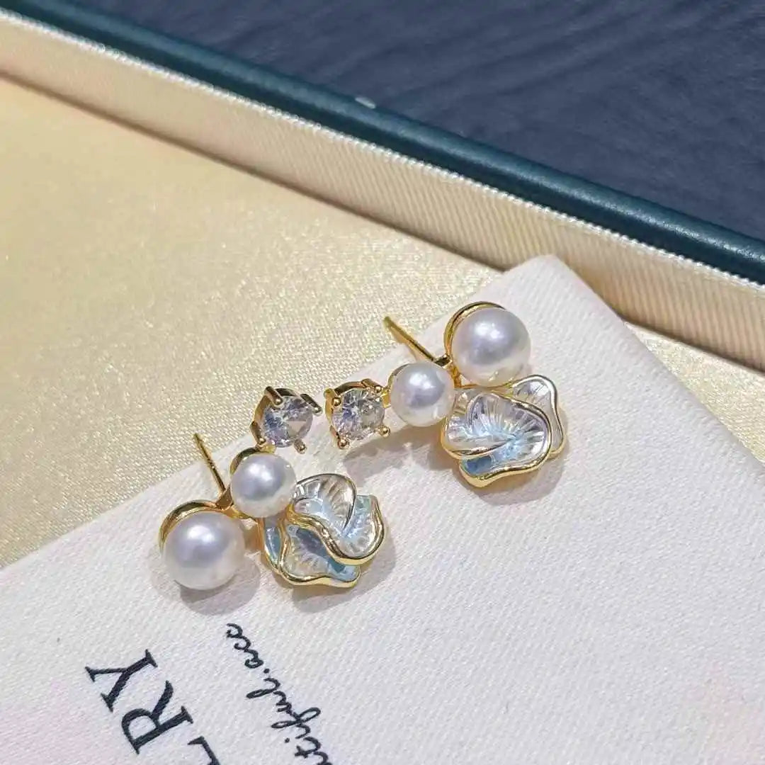 Eyelash Camellia Gold Plated Stud Earrings 5-7mm Natural White Freshwater Pearl Trendy Gift Jewelry