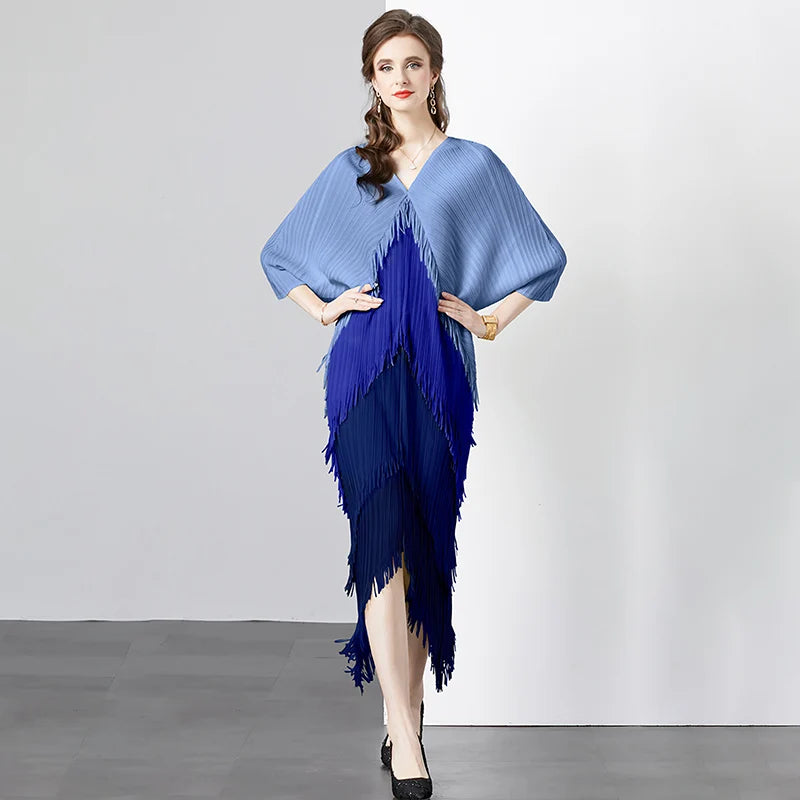 2024 New Woman Plus Size Casual Wear Ruched Chiffon Solid Natural Waist Woven Pleated Dress Miyake Design